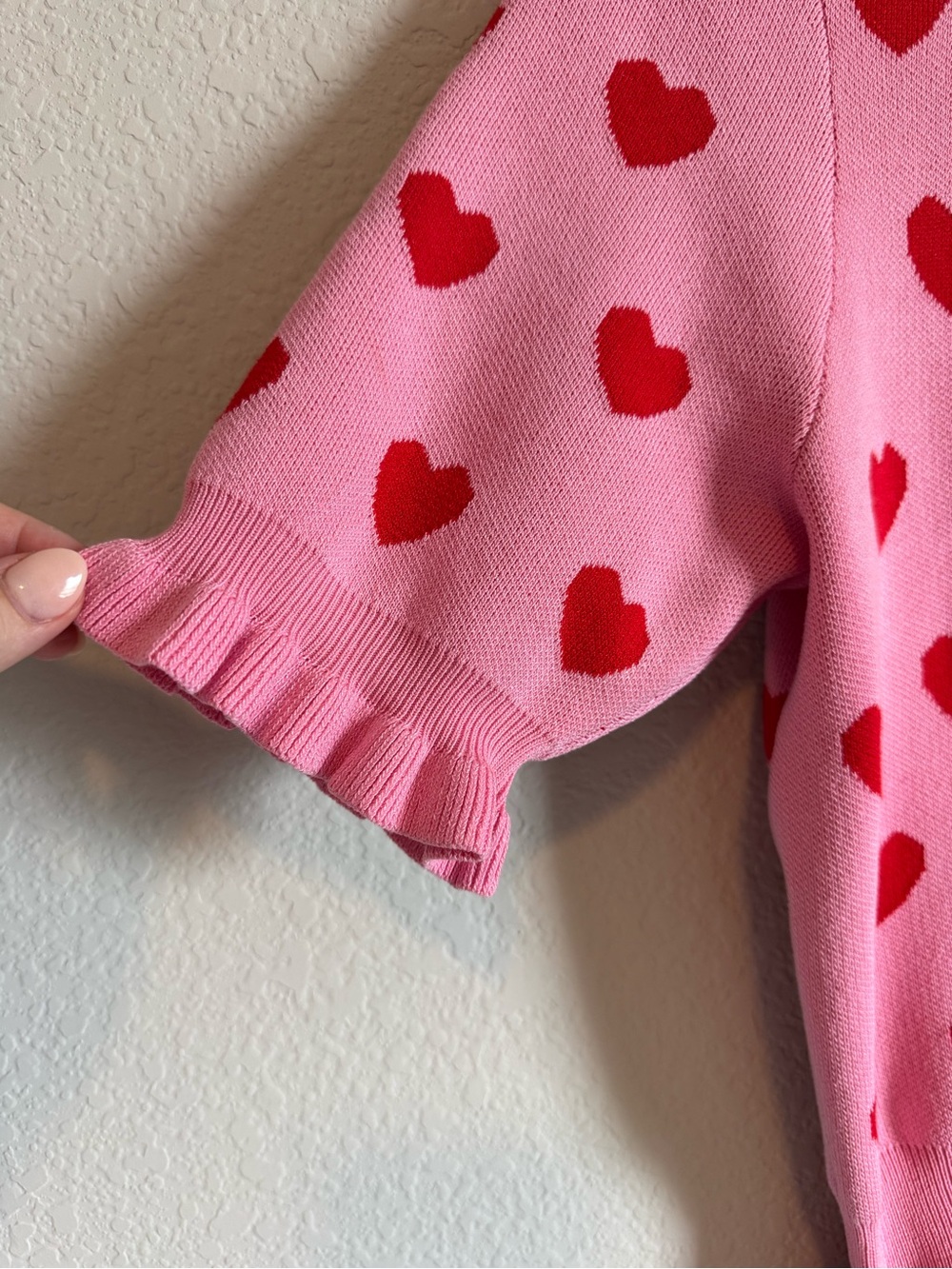 English Factory Heart Print Puff Sleeve Ruffle Cardigan Sweater Size Small - Picture 5 of 9